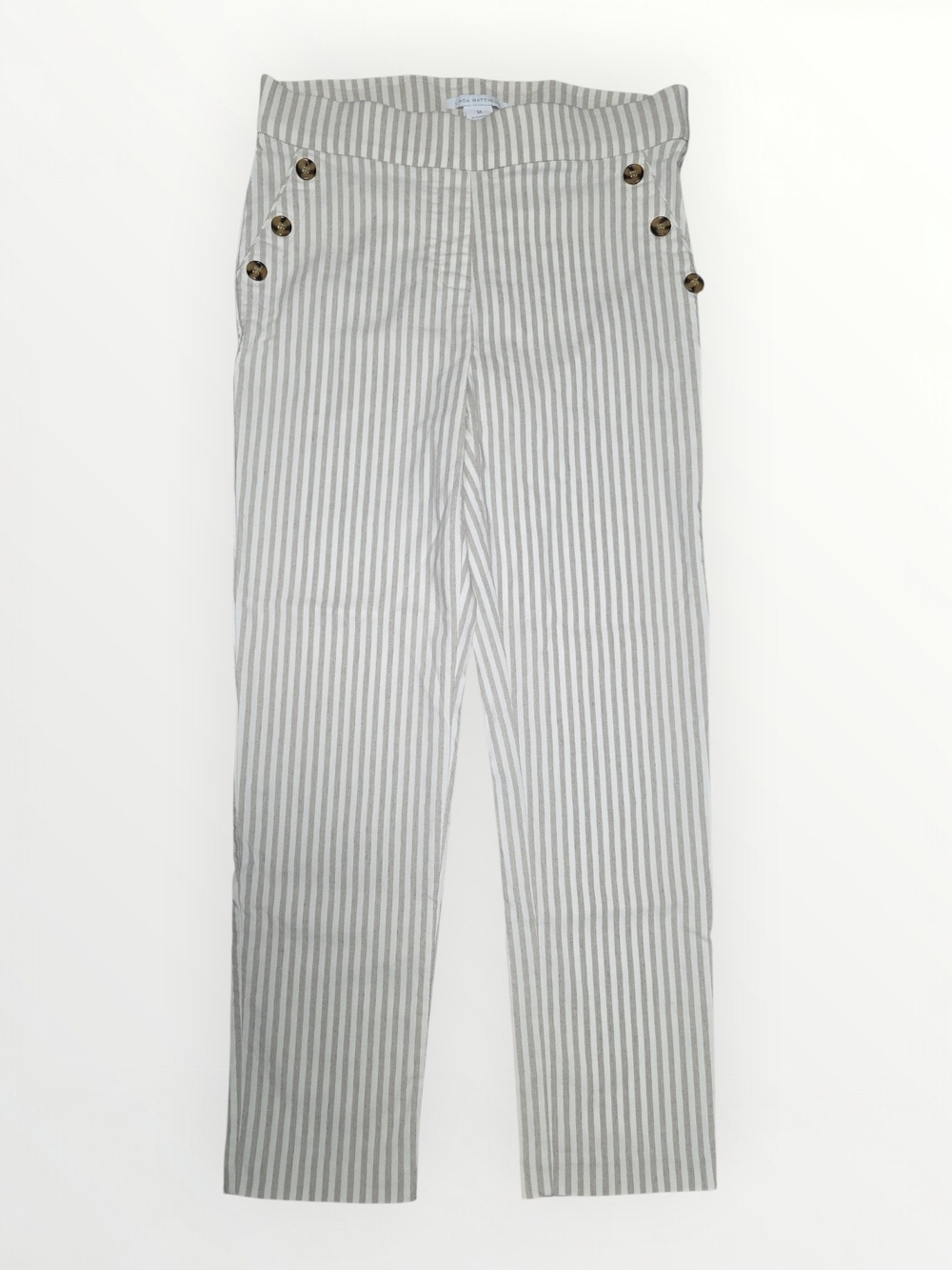 Linda Matthews Linen Blend Striped White/Tan Pull-on Pants Button Accents Medium